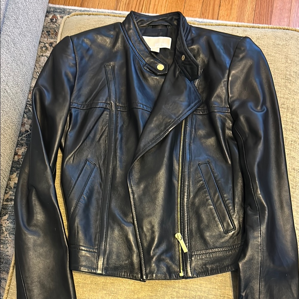 Michael Kors Black Leather Motorcycle Jacket with Asymmetrical Zipper